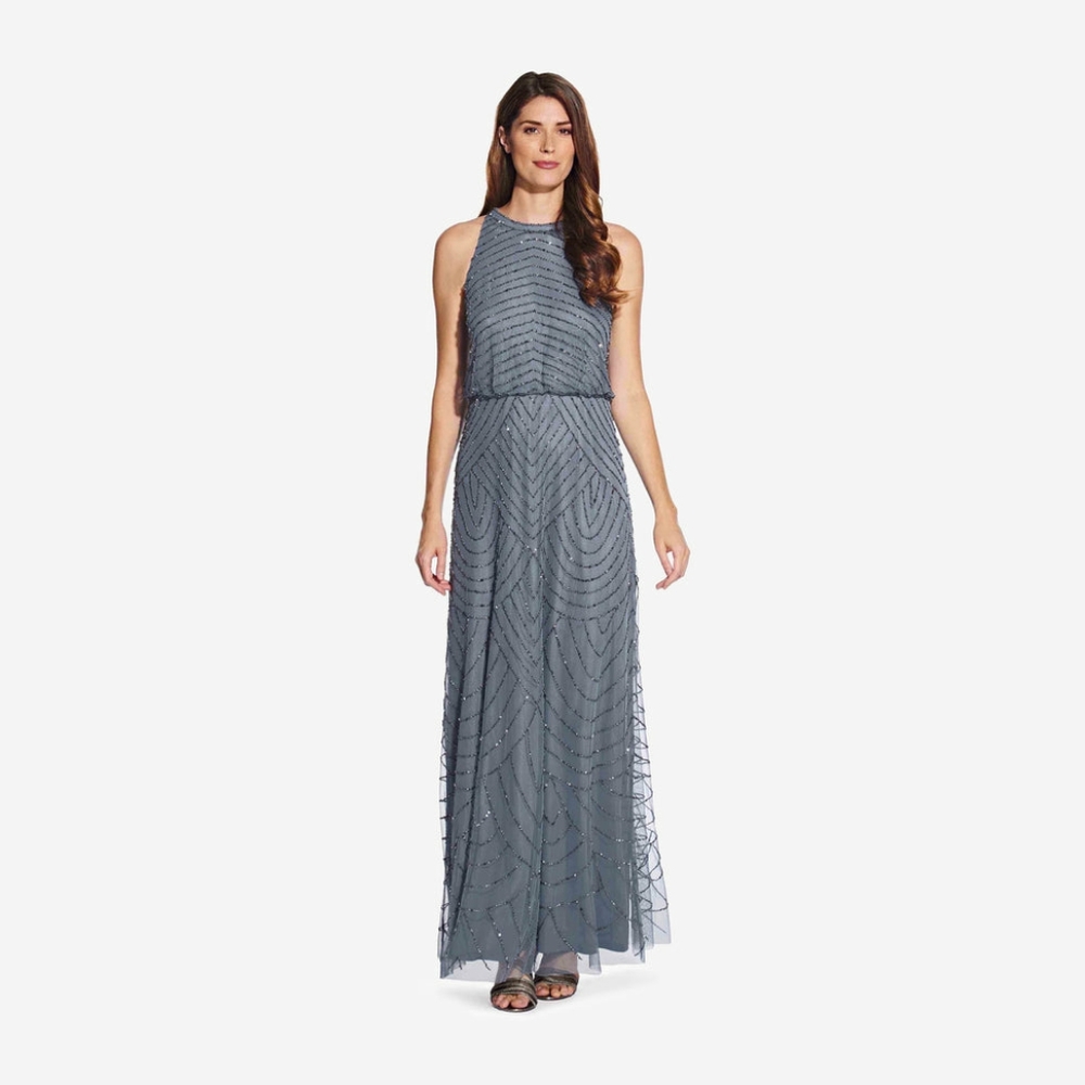 Adrianna Papell ART DECO BEADED BLOUSON DRESS WITH HALTER NECKLINE IN DUSTY BLUE